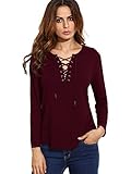 SheIn Women's Lace Up Curved Hem Long Sleeve T-shirt Top