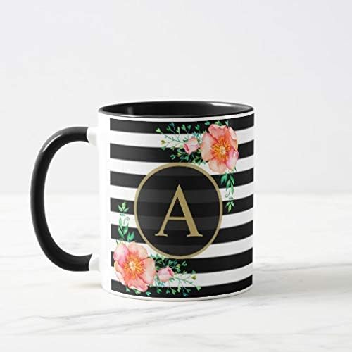 White Mugs White Cups White Ceramic Glossy Coffee Cup Vintage Floral Gold Monogram Black White Striped Mug