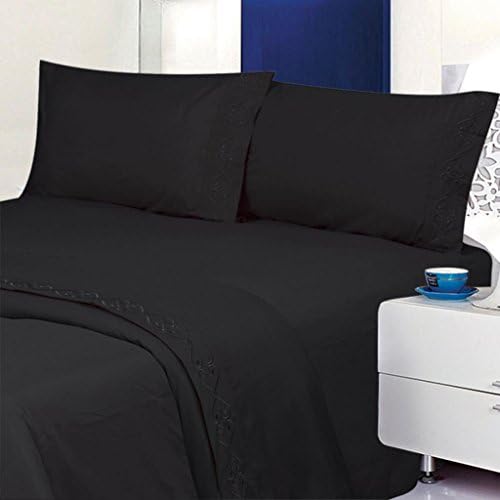 ELEGANTE PREMIERE 1800 SERIES, Embroidered 4pc Bed Sheet Set - King Size, Black