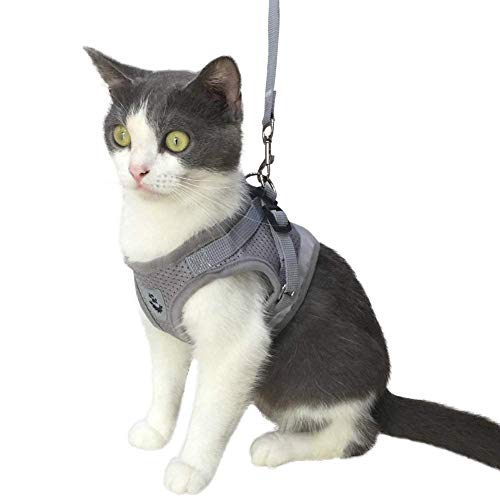 Cat Harness with Leash Set, Adjustable Soft Mesh Reflective Pet Harnesses, Extended Version of The Reflective Strip Harness,Suitable for Kittens, Puppies, Small Pets (XS (Chest Girth:10"-11"), Grey)