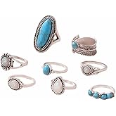 Fuqimanman2020 Bohemian Western Turquoise Oval Geometric Stackable Rings Set Midi Crystal Gemstone Knuckle Flower Carved for Women Holiday Beach Summer Boho Jewelry