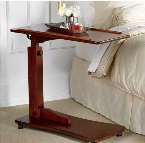 Adjustable Bedside Table With Wheels - Made of Wood - Walnut