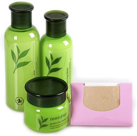 BUNDLE- Innisfree Green Tea Balancing C air Set. ( Lotion 200ml + Skin160ml + Cream 50ml )+ KBeautyBundle Premium Natural Hemp Paper Blotters