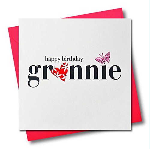 Claire Giles Greeting Cards, Happy Birthday Grannie Card, Heart and Flowers Design Birthday Greeting Card, Embellished with a Fabric Butterfly