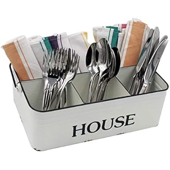 Distressed White Metal Silverware Caddy, Flatware, Party Cutlery Desk Organizer with 4 Compartments