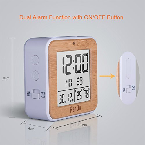 FanJu FJ3533 Digital Alarm Clock Battery Operated with Dual Alarm/Auto Night Light/Indoor Temperature and Humidity/Snooze and Date for Home - Thumbnail 2