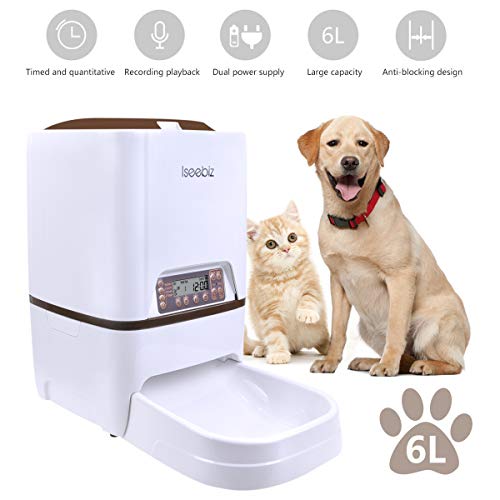 Automatic Dog Feeder, Iseebiz Dog Cat Feeder 6 Liter Food Dispenser with Voice Recorder,Feeding Portion and Timer Programmable, Portion Control,4 Meal a Day for Pet