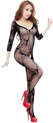 QandSweet Womens Bodystocking Crotchless Bodysuit With Sleeves Sexy Silk Stocking For Look Long (Black)