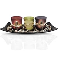 Urban Deco Natural Candlescape Set 3 Decorative Candle Holders, Rocks and Tray Tea Light Candle Holder Set Ideal Gift for Spa Wedding Party (Candle Holder Set - 2)