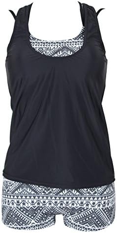 PHAYON Tribal Printed Tankini With Boyshorts Criss-Cross Straps 3 Pieces Swimsuit For Women Black Ethic