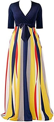 Half Sleeves Stripes Sexy V Neck Womens A-line Maxi Dress Floor-Length Dress for Cocktail Party with Pockets