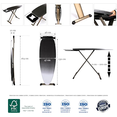 GoldVIP XXL Professional Ironing Board 130 x 47 cm – For Boiler Iron, Lightweight Anodised Aluminium and Stable Structure – Height Adjustable – Made in Europe
