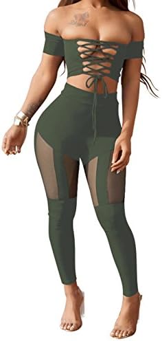 Hot Tight Fit Outfit Criss Cross Bandage Design Top Off the Shoulder Backless Top and Mesh Patchwork Pants