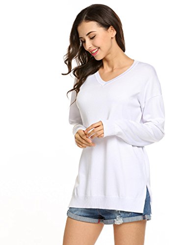 Women's Long Sleeves V-neck Knit Pullover Sweater Tunic Blouse Top,White-M