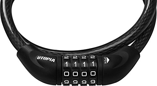 Utopia Home Bicycle Cable 4 Digit Combination Lock - 3 Feet - Lightweight - Black Color - Vinyl Coating - Black Cable Lock (1)
