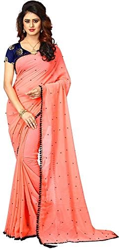 Dharmi Enterpris Georgette Lace and Moti Work Women Saree with Blouse