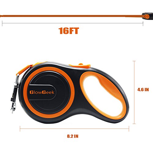 GlowGeek Retractable Dog Leash, 16 ft Dog Walking Leash for Medium Large Dogs up to 110lbs, Tangle Free, One Button Break & Lock , Lifetime Replacement Guarantee. Retracts 0-16ft - Orange