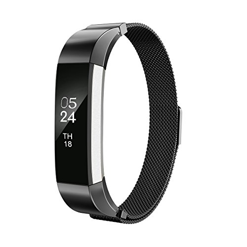AIUNIT Compatible Fitbit Alta HR Bands Black Milanese, Replacement for Fitbit Alta Band for Women Men Girls Boys Small Large, Loop and Magnet-Lock Design Metal Accessories Wristband Strap