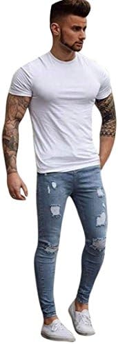 Men's Jeans,Toponly Men's Stretchy Ripped Skinny Jeans Denim Pants Slim Fit Grind White Hole (Fashion Light Blue, S)