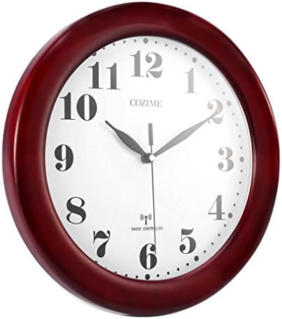 Wall Clock, 12 Inch Round Wooden Wall Analogue Clock, Wall Mount, Atomic Radio Controlled, Silent, Battery excluded (Wine Red)