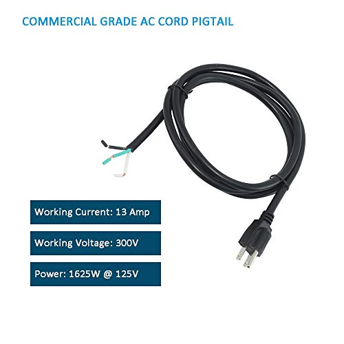 Power Cord Pigtail 16 AWG 3 Prong 12 Foot Open End 3 Wire Heavy Duty