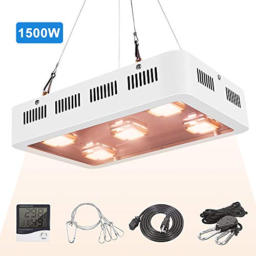 X5 1500W COB LED Grow Light UV Full Spectrum COB LED Plant Light with On/Off Switch with Temperature and Humidity Monitor, Hanging Hook Kit, Adjustable Rope, White