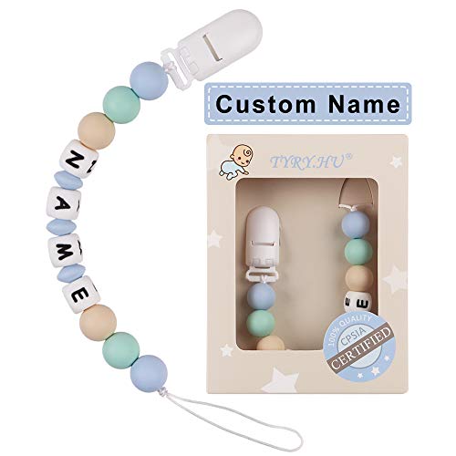 Pacifier Clip Personalized Name TYRY.HU Baby Boys Binky Holder Soothie Paci Clip Silicone Bead Teething Relief Teether Toy Handmade Birthday Shower Gift (Light Blue)