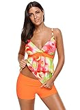 Aleumdr Womens Ruffle V Neck Printed Open Back Underwire Tankini Top Swimsuit with Swim Shorts Sexy Tankinis Swimwear Large Size Orange