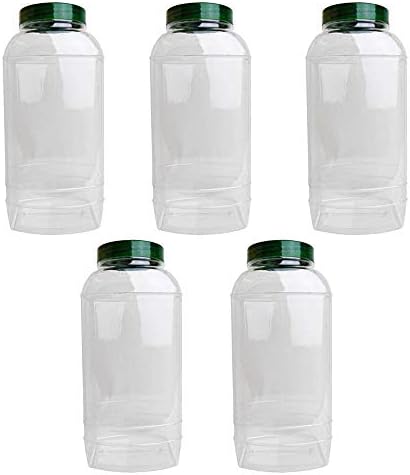 Oipps Pack of 5 x 5 L Ltr Litre Plastic Clear Jar with Green Lids Stackable PET Storage of Food Sweets Candy Biscuits Cookies Animal Treats Kitchen Shop Display