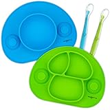 RIGSTYLE Silicone Feeding Set: Divided Plate and Bowl Placemats with Suction Cups Plus 2 Spoons, for Babies, Toddlers and Kids (Blue/Green)