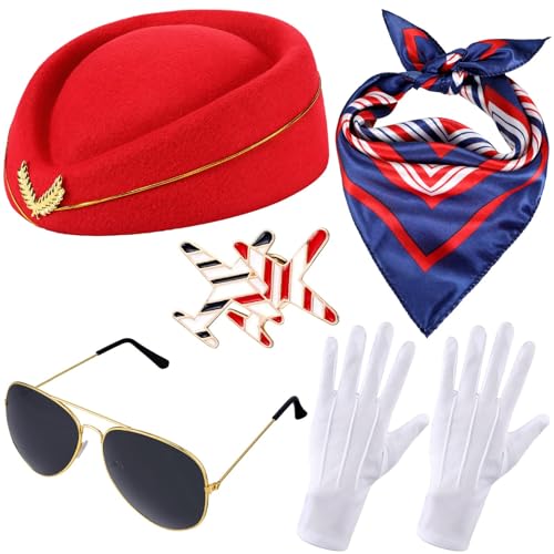 LBOYLOVE® 6 Pcs Flight Attendant Costume Accessories, Flight Attendant Cosplay Costume for Halloween, Hat, Sunglasses, Scarf Gloves and Pins, Flight Attendant Dress Up for Halloween Party, Theme Party