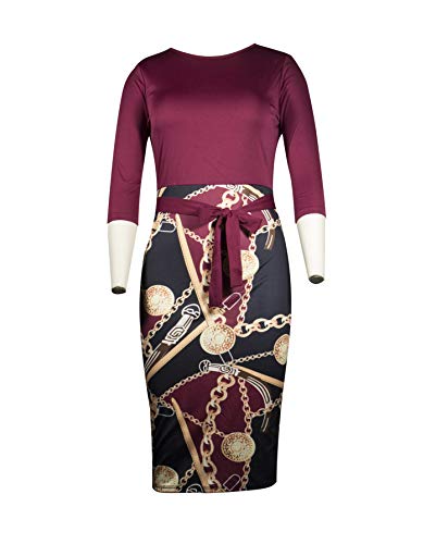 Dresses for Women Work Casual - Cute Bowknot 3/4 Sleeve Floral Bodycon Dress Wine Red Medium