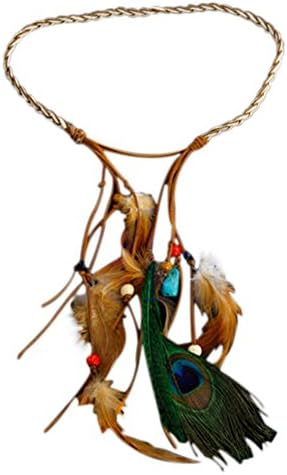 Auphi Women Indian Boho Peacock Feather Headband Weave Headpieces Rope Festival Headdress