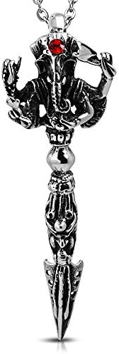 Stainless Steel 2-tone Lord Ganesh Elephant God Hindu Religious Biker Pendant w/ Light Siam Red CZ - PCS146