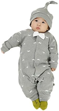 Newborn Infant Baby Boys Warm Bodysuit Pajamas Romper Long Sleeve One Piece Clothes with Bowtie Outfits &amp; Hat Grey 12 Months