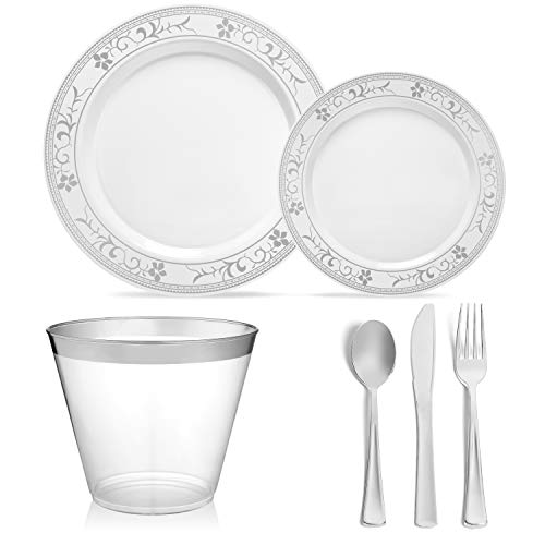125 Piece Silver Rim Flower Design Dinnerware Set - 25 Guest Tableware Combo Set - Disposable or Reusable - 25 Dinner Plates - 25 Salad Plates or Dessert Plates - 25 Knives - 25 Forks - 25 Spoons - Thumbnail 5