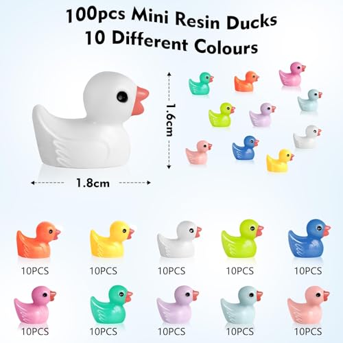 AiQInu 100Pcs Mini Duck Resin 10 Colors 1.5x1.8cm Mini Bath Ducks Mini Duck Figurines for Aquarium Garden Landscape