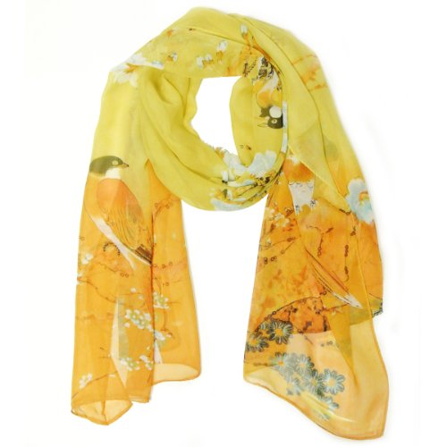 Wrapables Floral Bird Print Polyester and Silk Oblong Scarf, Sunglow