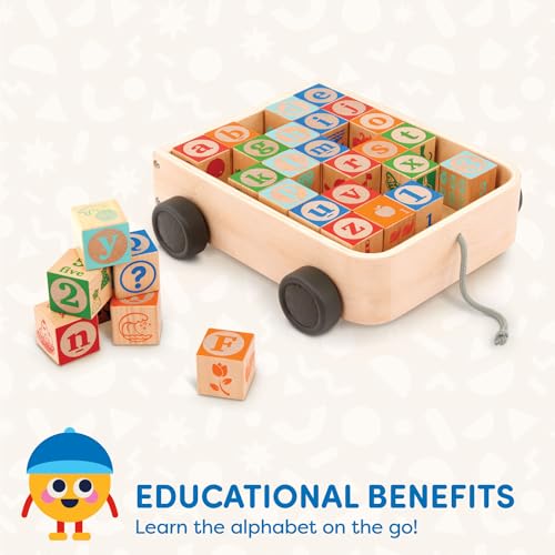 Battat Wooden ABC Block Wagon 26 Upper & Lower Case Alphabet Blocks