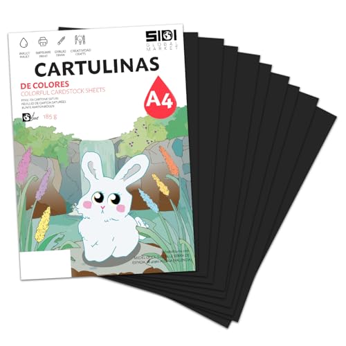 Cartulina A4 Negra 185 g Papel Cartulina para Manualidades, Scrapbooking, Impresora Inkjet y Laser, Cartulina Gruesa – SIDI (negro, 250h)
