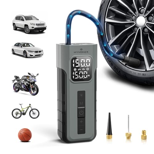 HYVOHEX Electric Air Pump, Battery Compressor, Bicycle Pump, 1 Minute Quick Filling, Wireless Air Compressor with Digital Pressure Gauge, LED Light, 10.34 Bar Tyre Compressor with LED Light for Car