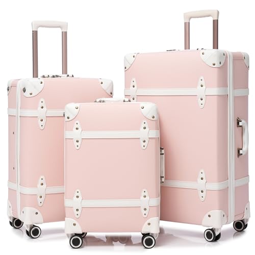 urecity Vintage Luggage Set 20"/24"/28" – Retro PU Leather Suitcase with TSA Lock, 360° Spinner Wheels & Telescopic Handle – Lightweight Travel Trolley (Soft Pink)