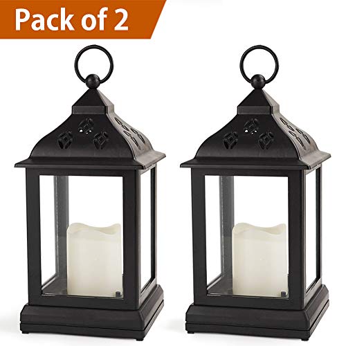 Bright Zeal /Pack of 2/ Vintage Candle Lantern with LED Flickering Flameless Candle (Black, 8hr Timer, Batteries Included) - Decorative Lanterns Battery Powered - Outdoor Hanging Lantern LED