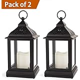 Bright Zeal Pack of 2 Vintage 9" Candle Lantern w LED Flickering Flameless Candle (Black, 8hr Timer) - Decorative Lanterns Battery Powered LED - Hanging Lanterns Decorative - Indoor Tabletop Lanterns
