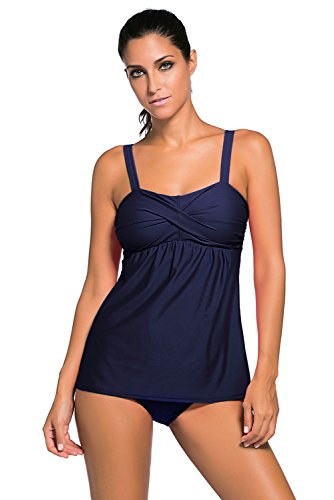 ZNCMRR Women's Solid Ruched Tankini Top Swimsuit with Triangle Briefs Plus Size (XL, Blue)