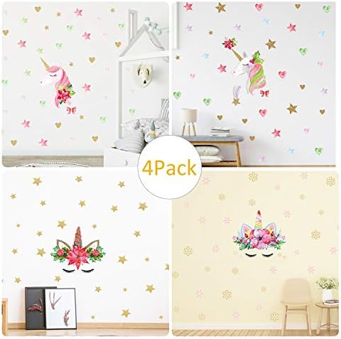 Unicorn Wall Stickers Decor, 4 Pcs, Unicorn Wall Decal with Heart & Flower for Girls Boys Kids Bedroom Home Decorations(4 Different Styles)