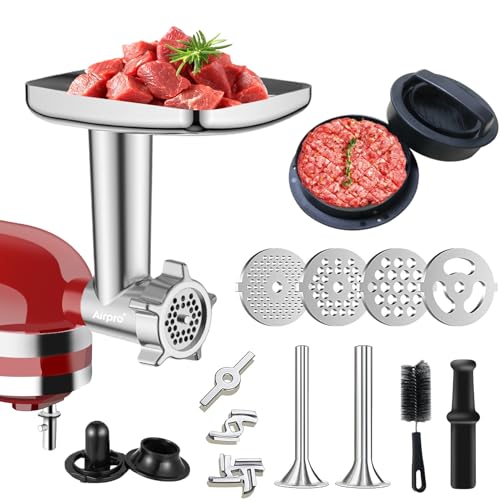 Metal Food Grinder Attachment for KitchenAid Stand Mixers,Meat Grinder Attachments Included 2 Sausage Stuffer Tubes,Burger Press,Sausage Maker Kubbe Kit Perfect for Home Kitchen Use by Airpro