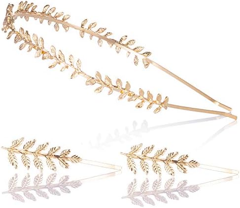 Roman Goddess Leaves Branch Headband with 2PCS Hair Clips Gold Leaf Branch Hair Band Crown Bridal Wedding Headpiece Hair Barrettes