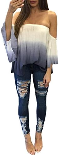 Laimeng,Women Spring Summer Flare Sleeve Long Sleeve Blouse Casual T Shirt Tops (M, White)