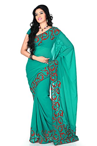 Designersareez Women's Faux Georgette Embroidered Saree Free Size Teal Green